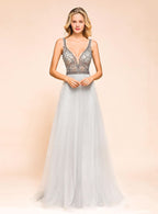 A-Line V-Neck Spaghetti Straps Tulle Floor-Length Dress BMbride
