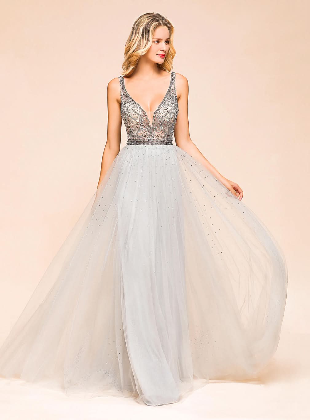 A-Line V-Neck Spaghetti Straps Tulle Floor-Length Dress BMbride