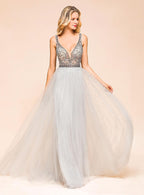 A-Line V-Neck Spaghetti Straps Tulle Floor-Length Dress BMbride
