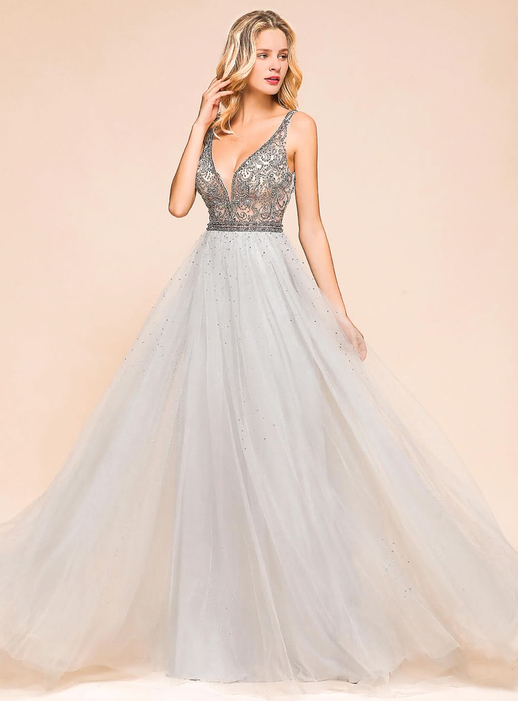 A-Line V-Neck Spaghetti Straps Tulle Floor-Length Dress BMbride