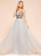 A-Line V-Neck Spaghetti Straps Tulle Floor-Length Dress BMbride