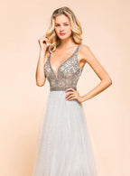 A-Line V-Neck Spaghetti Straps Tulle Floor-Length Dress BMbride