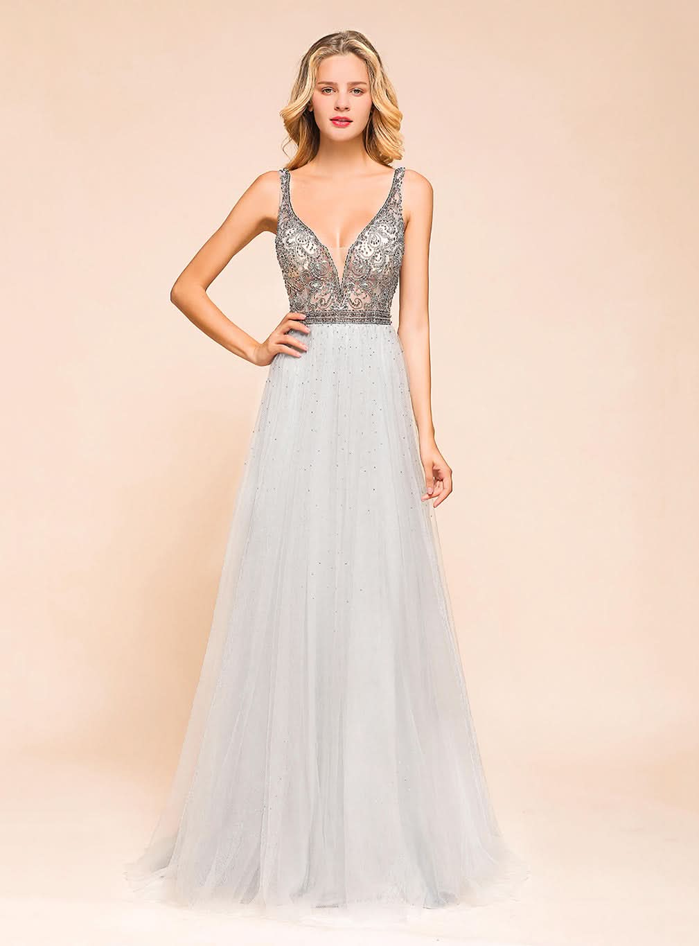 A-Line V-Neck Spaghetti Straps Tulle Floor-Length Dress BMbride