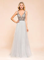A-Line V-Neck Spaghetti Straps Tulle Floor-Length Dress BMbride