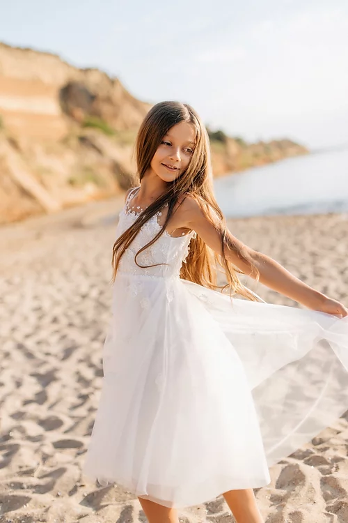 BMbride A-line White Sleeveless Straps Flower Girls Dress With Lace BMbride