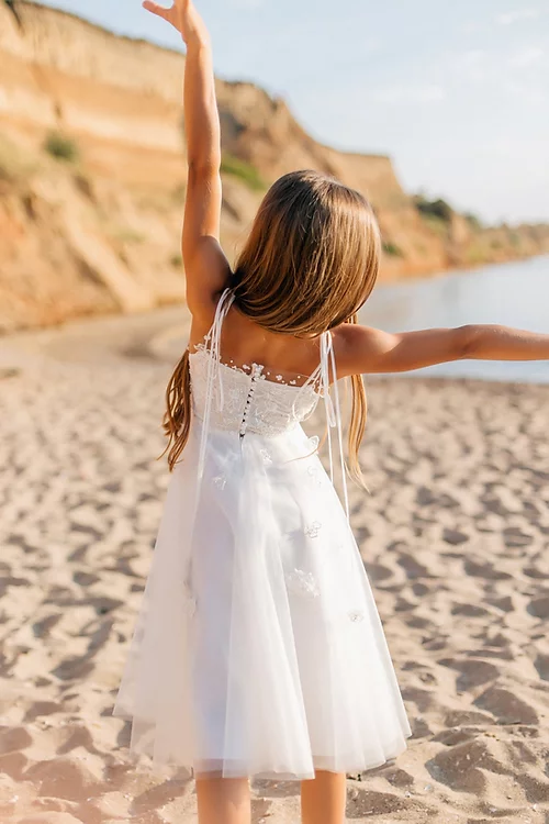 BMbride A-line White Sleeveless Straps Flower Girls Dress With Lace BMbride