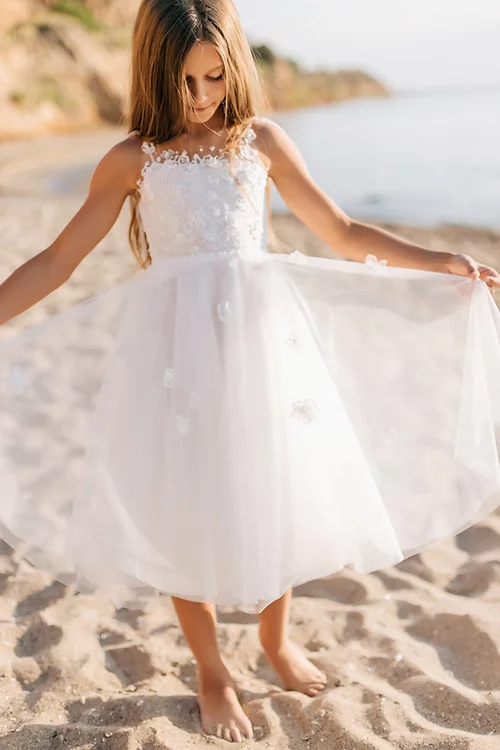 BMbride A-line White Sleeveless Straps Flower Girls Dress With Lace BMbride
