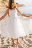 BMbride A-line White Sleeveless Straps Flower Girls Dress With Lace BMbride