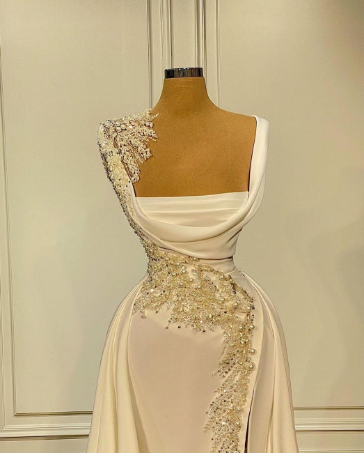 BMbride A-Line Wide Straps Square Neckline Beading Prom Dress With Side Slit BMbride
