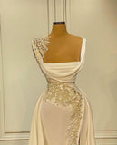 BMbride A-Line Wide Straps Square Neckline Beading Prom Dress With Side Slit BMbride