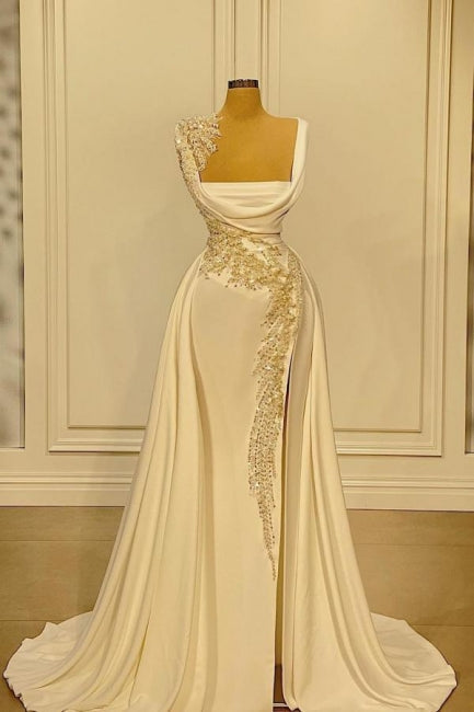 BMbride A-Line Wide Straps Square Neckline Beading Prom Dress With Side Slit BMbride