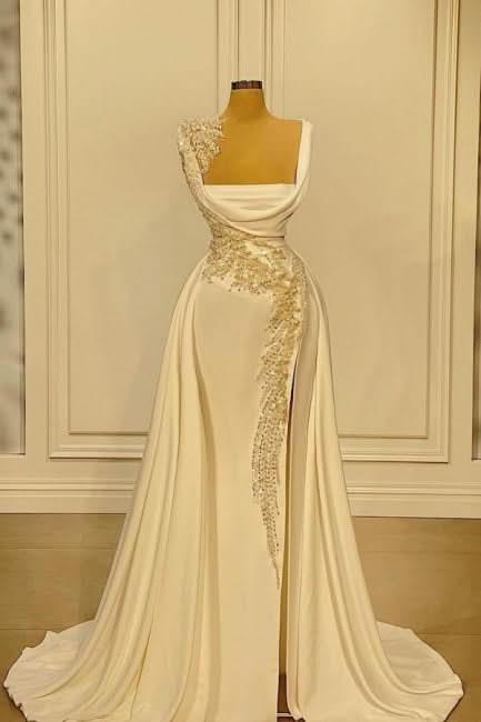 BMbride A-Line Wide Straps Square Neckline Beading Prom Dress With Side Slit BMbride