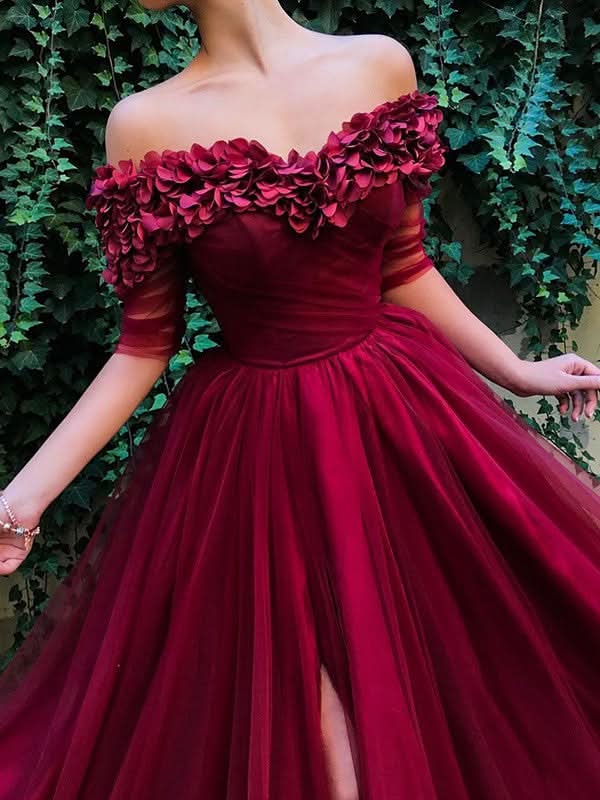 BMbride A-Line/Elegant 1/2 Sleeves Off-the-Shoulder Ruffles Tulle Prom Dresses BMbride