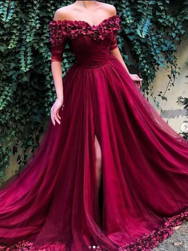 BMbride A-Line/Elegant 1/2 Sleeves Off-the-Shoulder Ruffles Tulle Prom Dresses BMbride