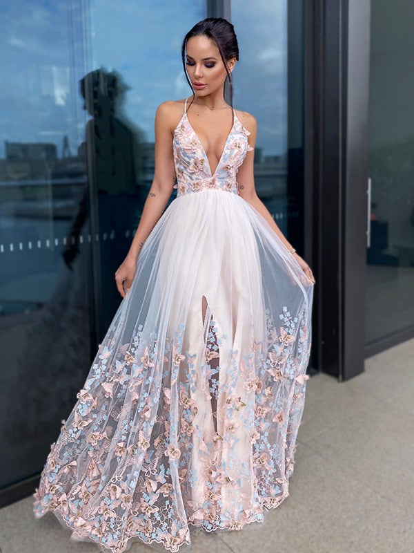 BMbride A-Line/Elegant Applique Tulle V-neck Sleeveless Floor-Length Prom Dresses BMbride