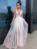BMbride A-Line/Elegant Applique Tulle V-neck Sleeveless Floor-Length Prom Dresses BMbride