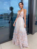 BMbride A-Line/Elegant Applique Tulle V-neck Sleeveless Floor-Length Prom Dresses BMbride