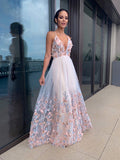 BMbride A-Line/Elegant Applique Tulle V-neck Sleeveless Floor-Length Prom Dresses BMbride