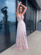 BMbride A-Line/Elegant Applique Tulle V-neck Sleeveless Floor-Length Prom Dresses BMbride