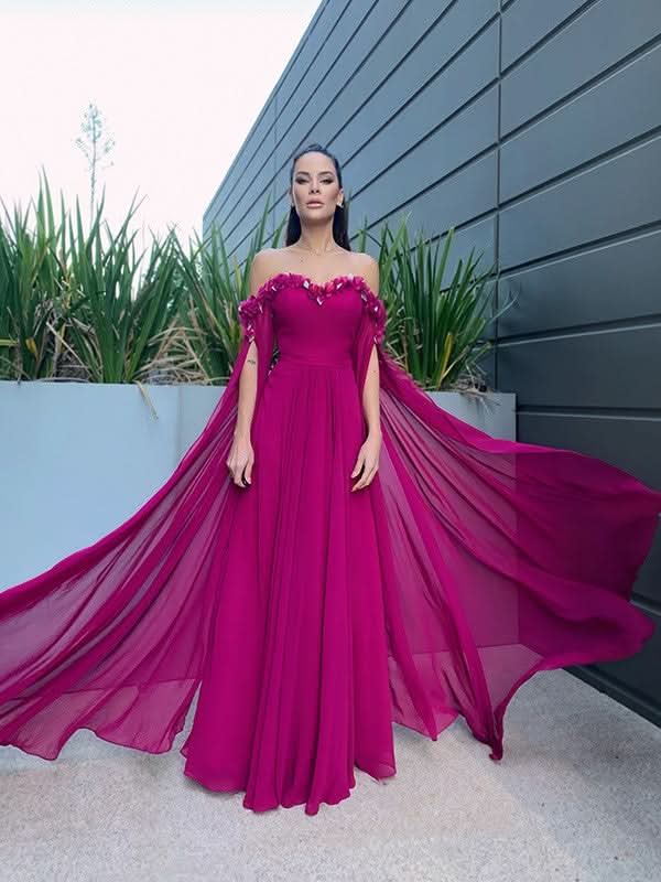 BMbride A-Line/Elegant Chiffon Floor-Length Long Sleeves Ruffles Off-the-Shoulder Prom Dresses BMbride