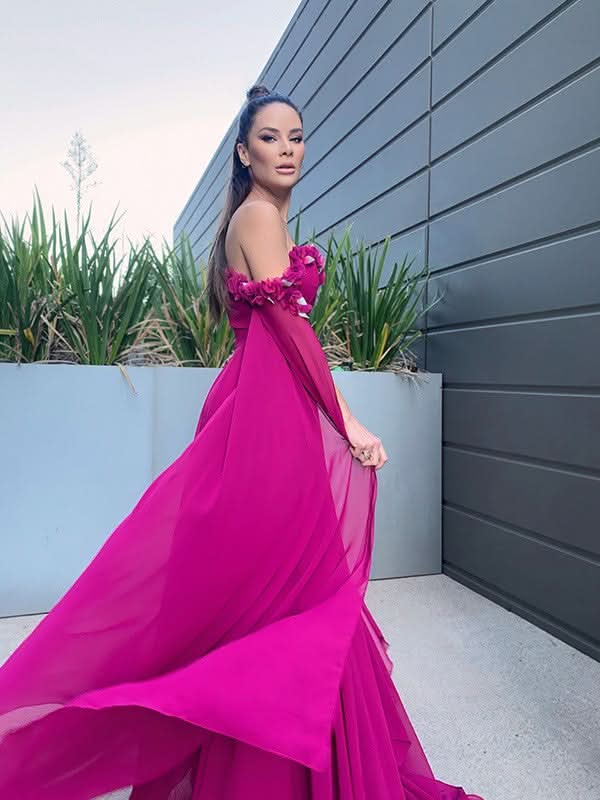 BMbride A-Line/Elegant Chiffon Floor-Length Long Sleeves Ruffles Off-the-Shoulder Prom Dresses BMbride