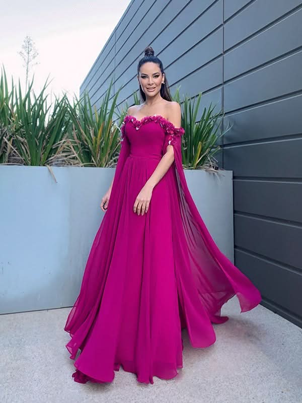 BMbride A-Line/Elegant Chiffon Floor-Length Long Sleeves Ruffles Off-the-Shoulder Prom Dresses BMbride