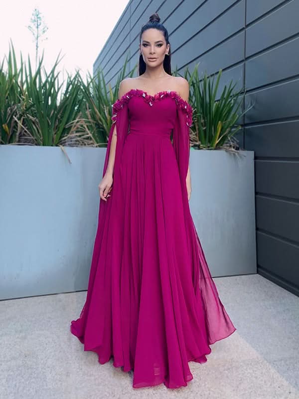 BMbride A-Line/Elegant Chiffon Floor-Length Long Sleeves Ruffles Off-the-Shoulder Prom Dresses BMbride