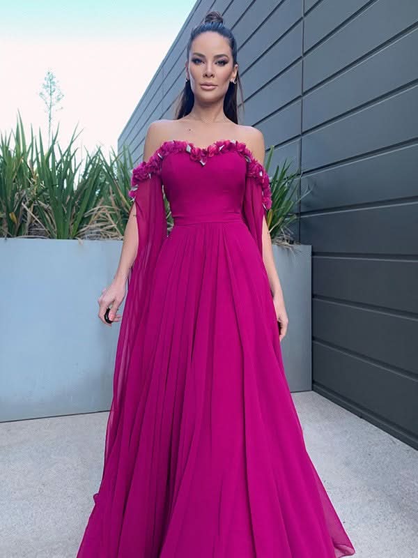 BMbride A-Line/Elegant Chiffon Floor-Length Long Sleeves Ruffles Off-the-Shoulder Prom Dresses BMbride