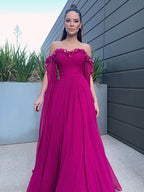 BMbride A-Line/Elegant Chiffon Floor-Length Long Sleeves Ruffles Off-the-Shoulder Prom Dresses BMbride