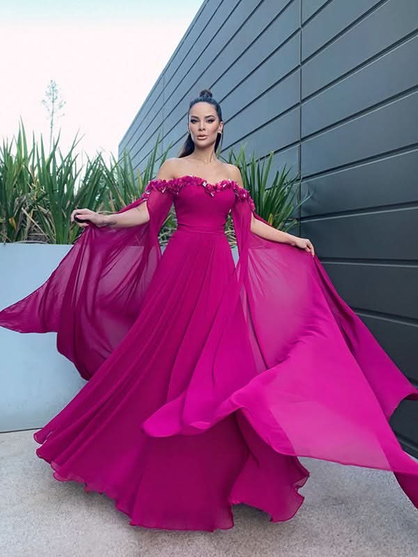 BMbride A-Line/Elegant Chiffon Floor-Length Long Sleeves Ruffles Off-the-Shoulder Prom Dresses BMbride