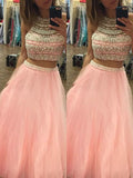 BMbride A-Line/Elegant Halter Sleeveless Tulle Floor-Length Beading Two Piece Prom Dresses BMbride