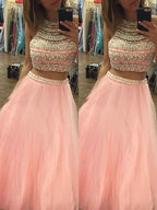 BMbride A-Line/Elegant Halter Sleeveless Tulle Floor-Length Beading Two Piece Prom Dresses BMbride
