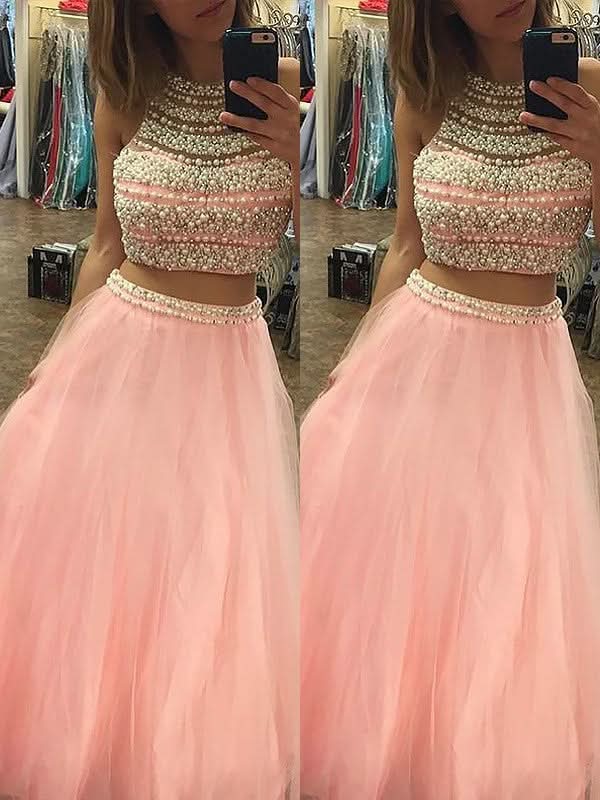 BMbride A-Line/Elegant Halter Sleeveless Tulle Floor-Length Beading Two Piece Prom Dresses BMbride