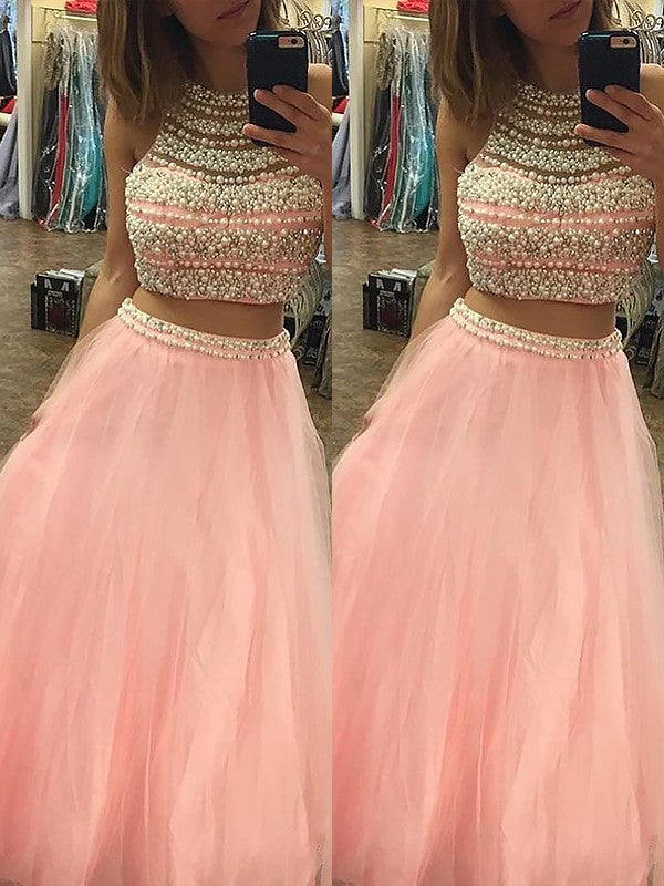 BMbride A-Line/Elegant Halter Sleeveless Tulle Floor-Length Beading Two Piece Prom Dresses BMbride