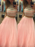 BMbride A-Line/Elegant Halter Sleeveless Tulle Floor-Length Beading Two Piece Prom Dresses BMbride