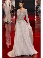 BMbride A-Line/Elegant High Neck Long Sleeves Applique Chiffon Prom Dresses BMbride