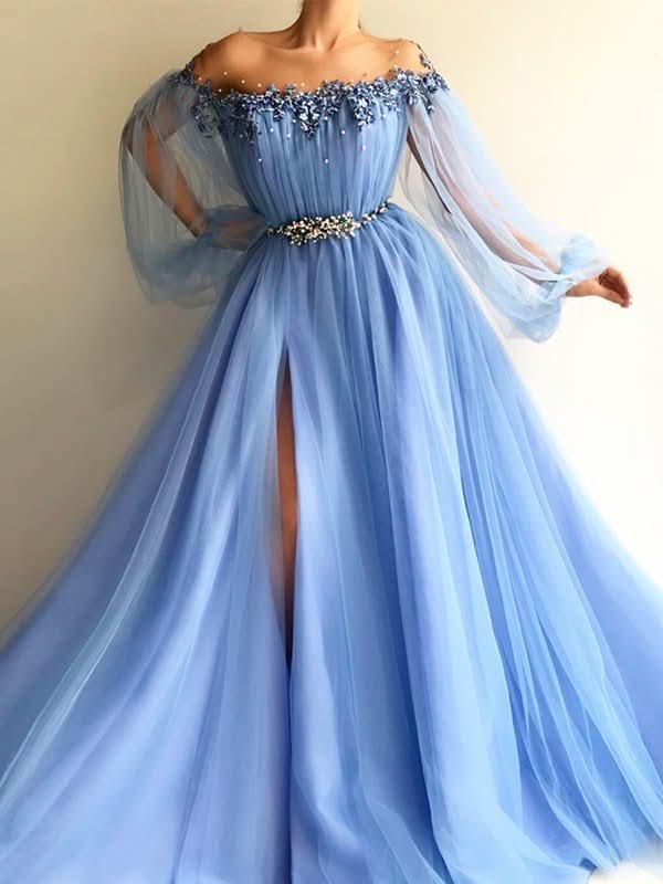 A-Line/Elegant Long Sleeves Off-the-Shoulder Tulle Beading Floor-Length Prom Gowns BM bride