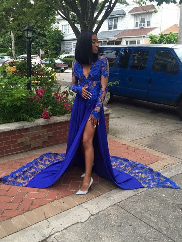 A-Line/Elegant Long Sleeves V-neck Court Train Applique Lace Prom Dresses BM bride