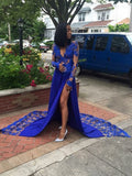 A-Line/Elegant Long Sleeves V-neck Court Train Applique Lace Prom Dresses BM bride