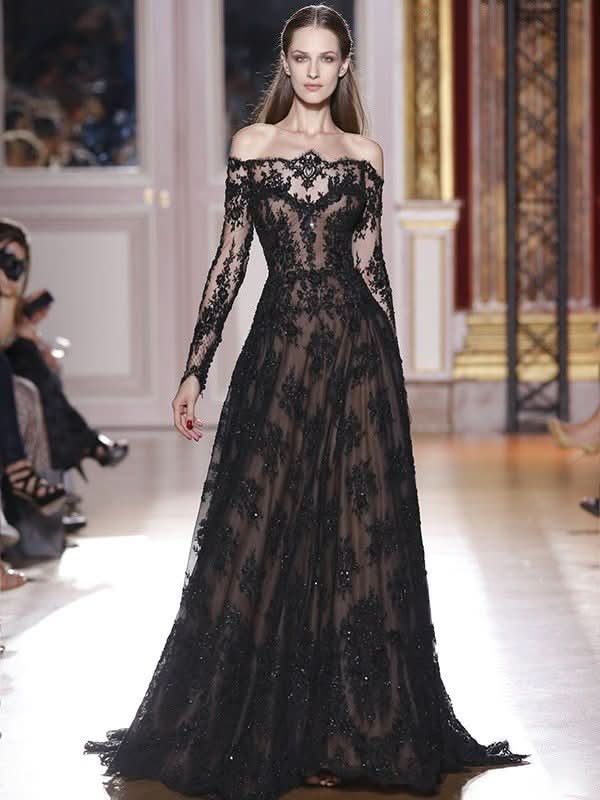 A-Line/Elegant Off-the-Shoulder Long Sleeves Lace Prom Dresses BM bride