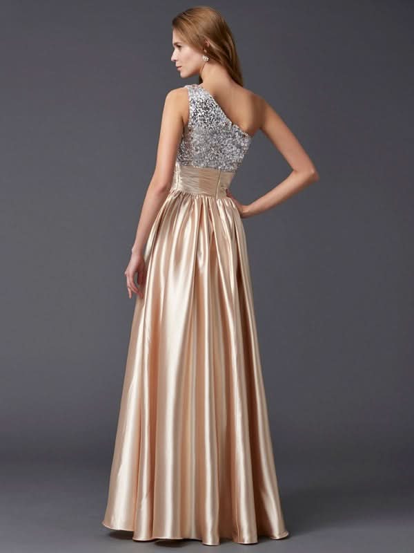 BMbride A-Line/Elegant One-Shoulder Sleeveless Paillette Long Elastic Woven Satin Prom Dresses BMbride