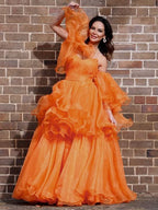 BMbride A-Line/Elegant Organza Off-the-Shoulder Layers Long Sleeves Floor-Length Prom Dresses BMbride