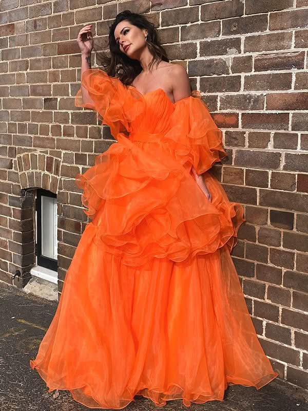 BMbride A-Line/Elegant Organza Off-the-Shoulder Layers Long Sleeves Floor-Length Prom Dresses BMbride