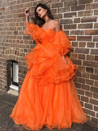 BMbride A-Line/Elegant Organza Off-the-Shoulder Layers Long Sleeves Floor-Length Prom Dresses BMbride