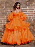 BMbride A-Line/Elegant Organza Off-the-Shoulder Layers Long Sleeves Floor-Length Prom Dresses BMbride