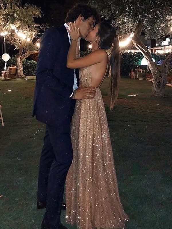 BMbride A-Line/Elegant Paillette Tulle V-neck Floor-Length Sleeveless Prom Dresses BMbride