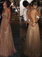 BMbride A-Line/Elegant Paillette Tulle V-neck Floor-Length Sleeveless Prom Dresses BMbride