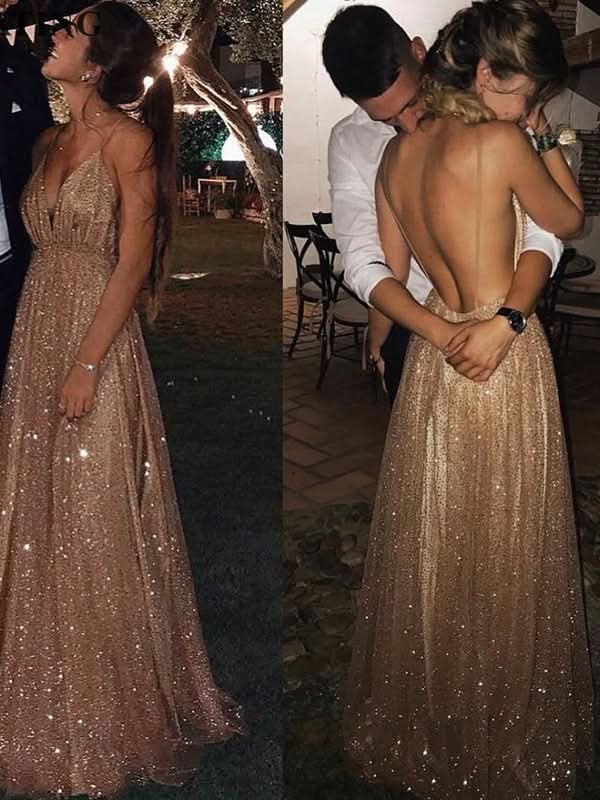 BMbride A-Line/Elegant Paillette Tulle V-neck Floor-Length Sleeveless Prom Dresses BMbride