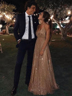 BMbride A-Line/Elegant Paillette Tulle V-neck Floor-Length Sleeveless Prom Dresses BMbride