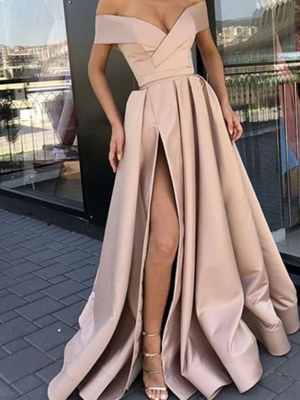 BMbride A-Line/Elegant Satin Ruffles Off-the-Shoulder Sleeveless Prom Dresses BMbride